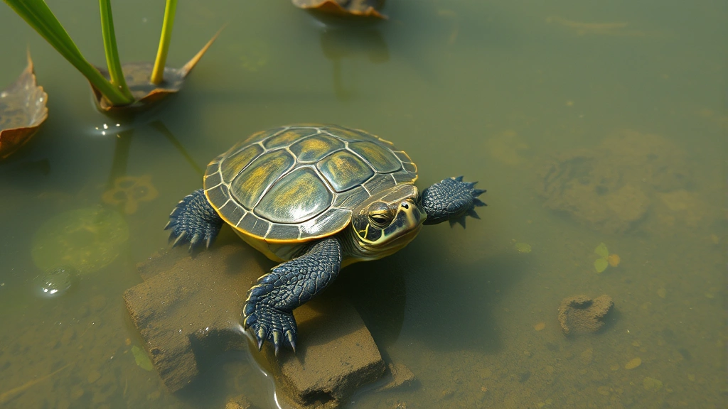 Baby snapping turtle swimming in murky pond water with aquatic plants and mud substrate visible, photorealistic underwater scene