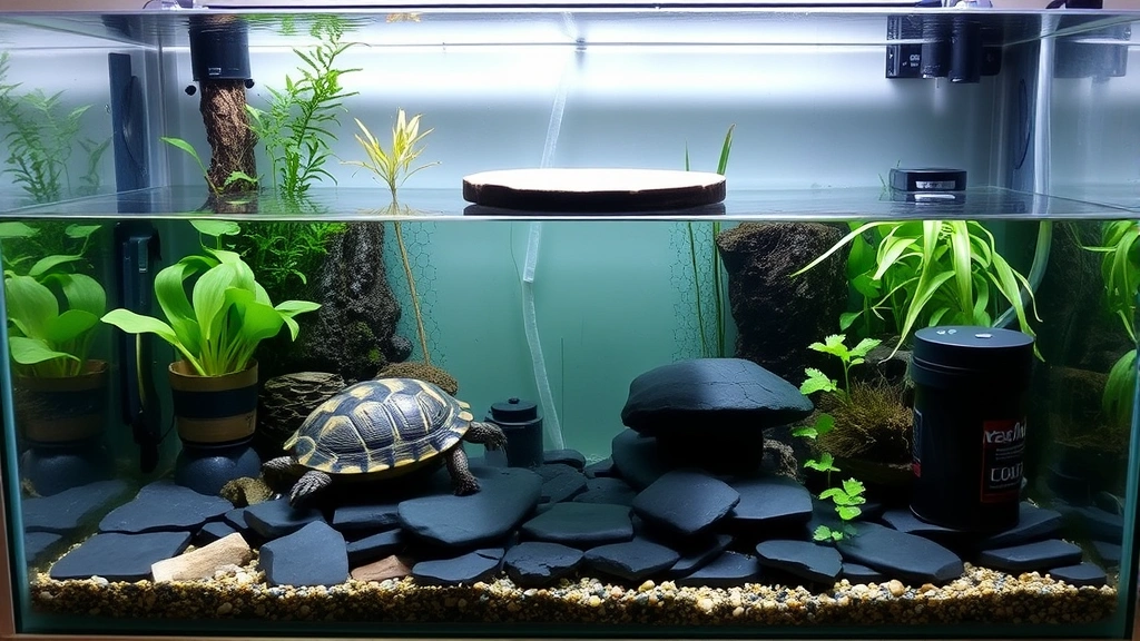Well-organized aquatic turtle tank with basking platform, aquatic plants, slate substrate, and clear water, showing proper setup and filtration system