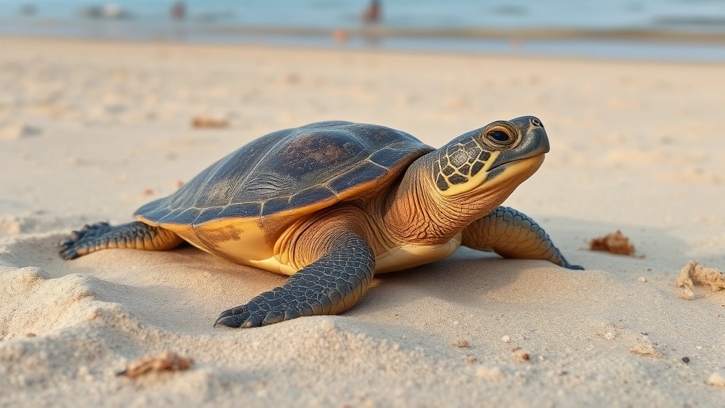 Adult female snapping turtle on sandy beach during nesting season, distant water in background, natural habitat photography