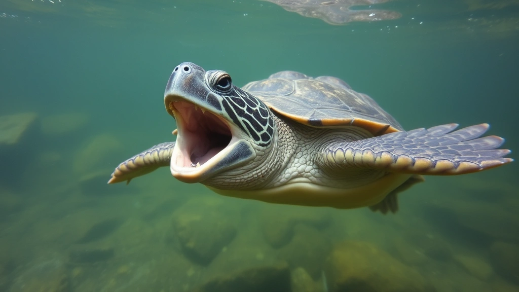 Adult snapping turtle swimming underwater with open mouth showing feeding behavior, captured mid-motion in murky natural water environment with rocks