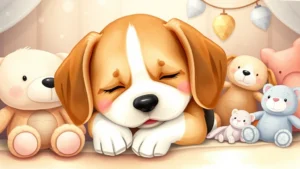 Soft, gentle illustration of a small beagle puppy with floppy ears sleeping peacefully in a cozy nursery setting with stuffed animals nearby, warm lighting, watercolor style