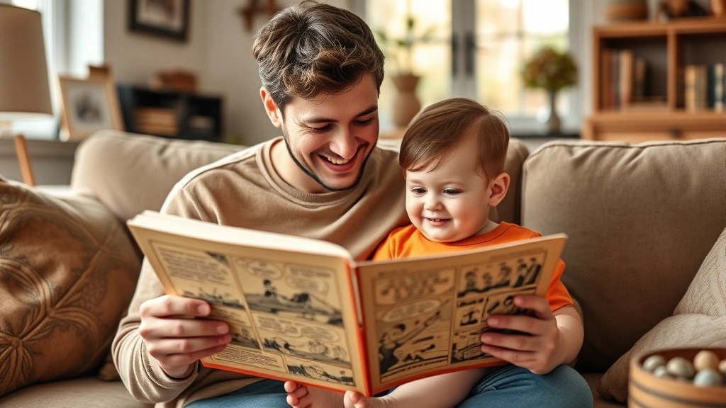 Parent reading a vintage comic strip book to a toddler sitting in their lap, both smiling, cozy living room setting with warm tones and comfortable furniture, natural lighting