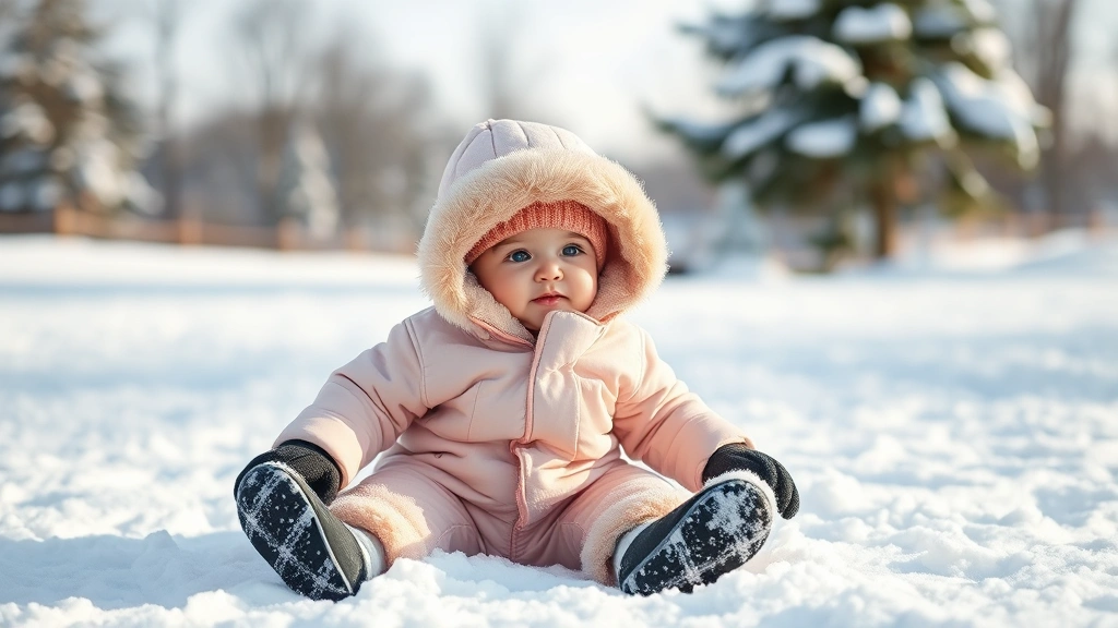 Infant bundled warmly in a cozy winter snowsuit, playing in fresh white snow outdoors, peaceful snowy landscape background