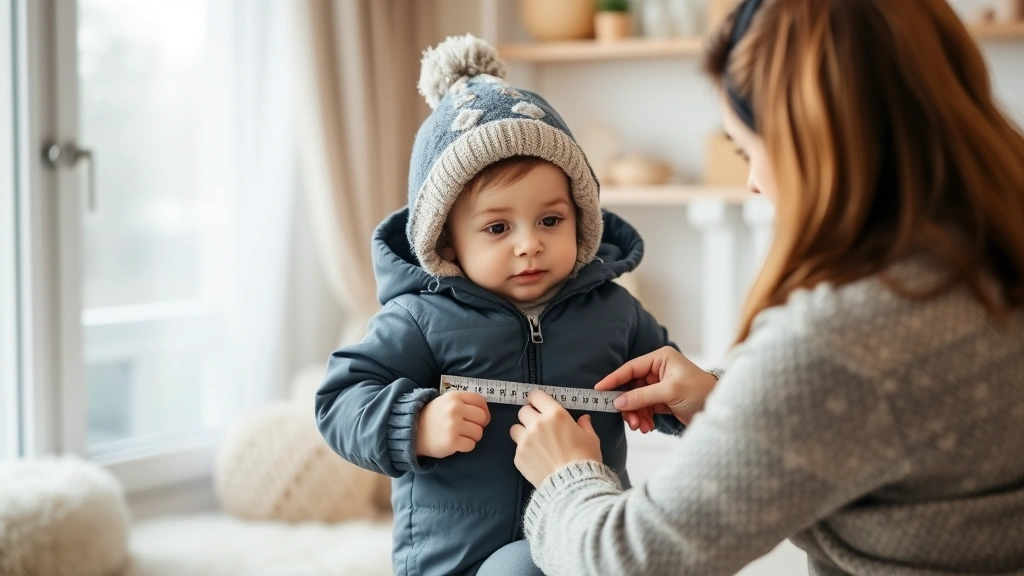 A parent carefully measuring a baby's arm length for snowsuit sizing, soft winter lighting, cozy home interior with neutral tones