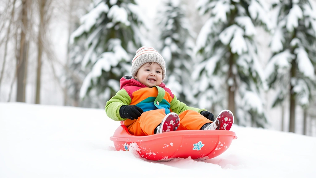 Toddler happily sliding down a snowy hill wearing a colorful snowsuit, winter trees and snow-covered ground visible