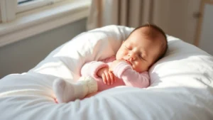Newborn baby lying on soft white bedding, wearing cozy pastel-colored socks, peaceful sleeping expression, natural daylight streaming through window