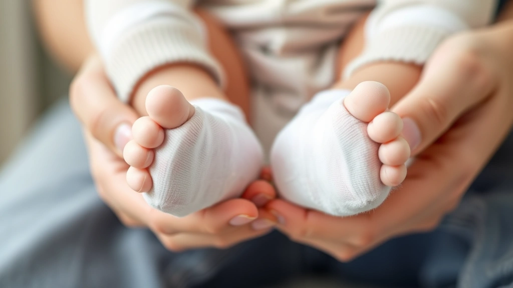 Close-up of infant's tiny feet in soft cotton socks, gentle parent's hands holding baby feet, warm and nurturing moment, blurred background