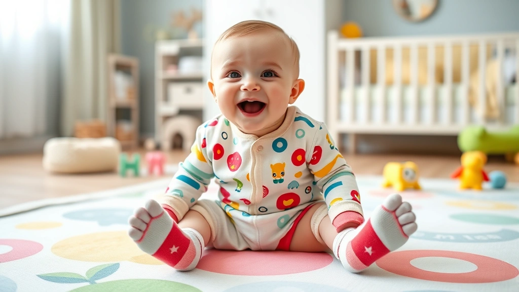 Happy baby in colorful outfit sitting on playmat, wiggling feet in comfortable socks, joyful expression, bright nursery room setting with toys nearby