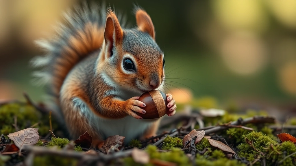 Close-up of a fluffy baby squirrel holding a small acorn in its tiny paws, sitting on a bed of moss and leaves in natural forest light
