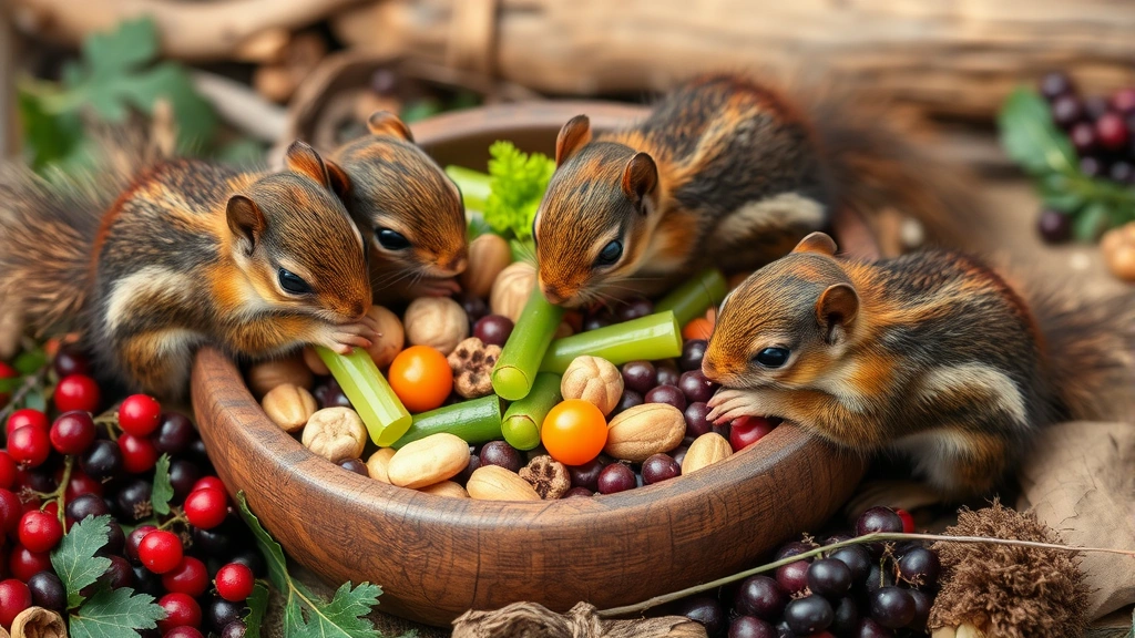 Group of baby squirrels eating fresh vegetables and nuts from a wooden bowl, surrounded by berries and nuts in a cozy wildlife care setting