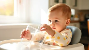 A curious six-month-old baby sitting in a high chair, reaching for a lightweight sippy cup with both hands, morning sunlight streaming through a kitchen window
