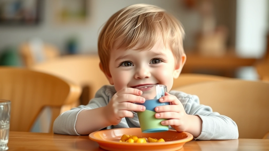 A cheerful toddler confidently holding a small silicone cup at a dining table during mealtime, with water droplets and a slight smile showing developmental progress