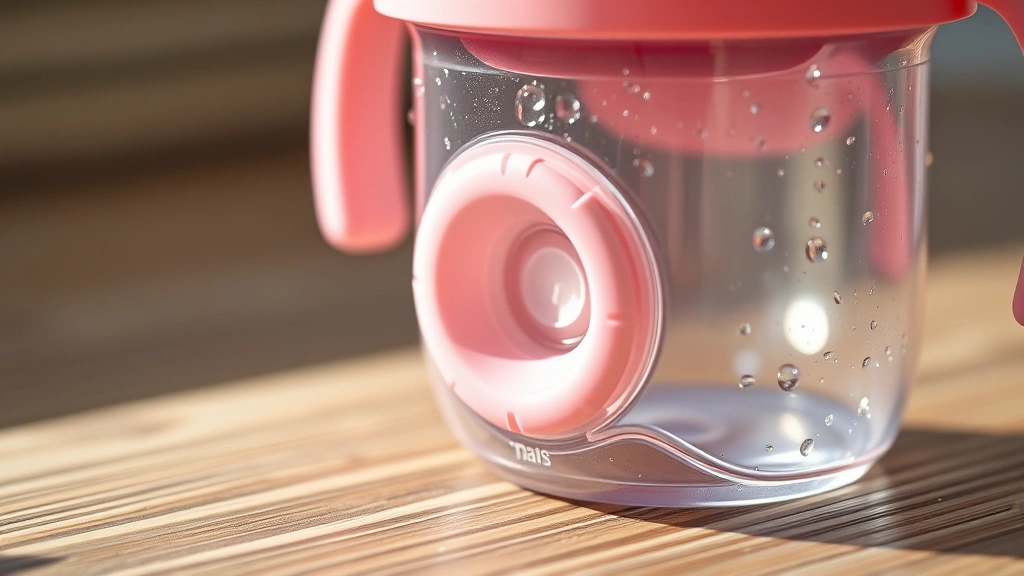 Close-up detail shot of an insulated baby cup with valve mechanism visible, water droplets on the exterior, sitting on a wooden surface with soft natural lighting