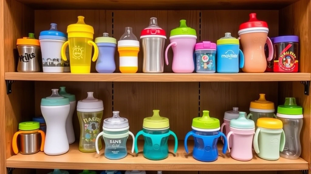 An array of colorful baby cups and drinkware options displayed on a wooden shelf, including sippy cups, open cups, and transitional cups in various materials and sizes