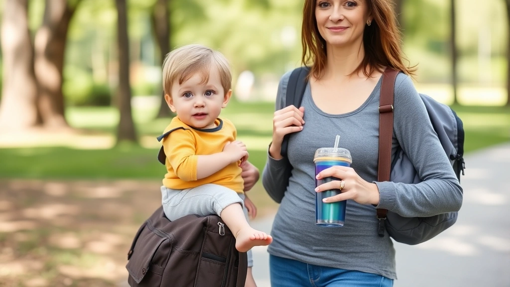 A busy parent holding a young child on one hip while managing a diaper bag and holding a reliable spill-proof cup, appearing calm and confident in an outdoor park setting