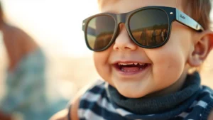 Close-up of a happy baby wearing oversized sunglasses outdoors on a sunny day, soft natural lighting, beach background blurred
