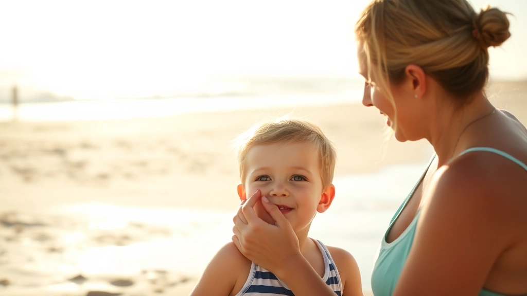 Parent applying sunscreen to toddler's face and shoulders at the beach, warm golden hour sunlight, sand and ocean visible