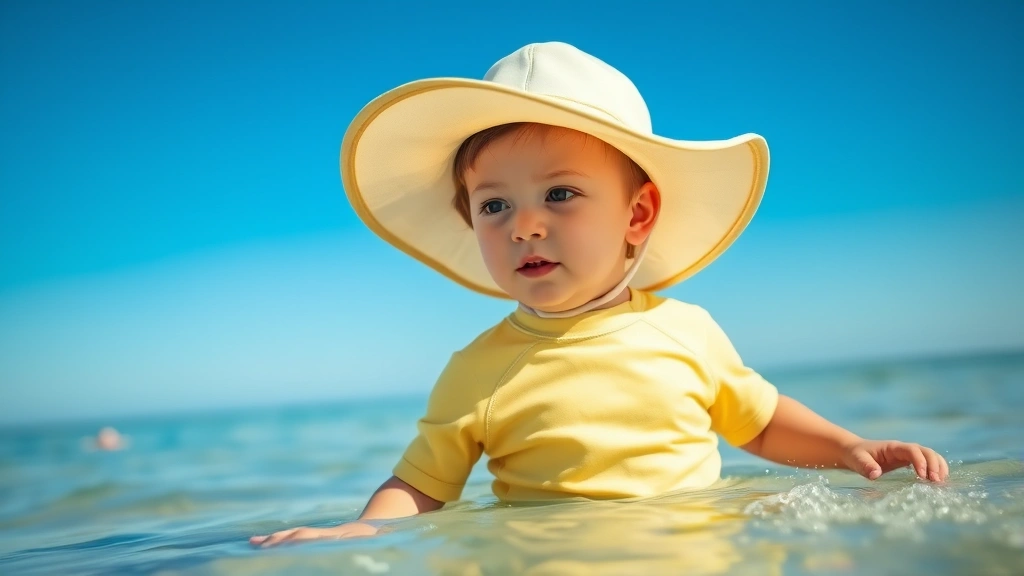 Wide-brimmed baby hat and UV-protective swim shirt on a young child playing in shallow water, sunny day, clear blue sky