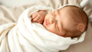 Close-up of a newborn baby peacefully sleeping, wrapped snugly in a soft white cotton blanket with gentle folds, lying on their back on a neutral colored crib sheet
