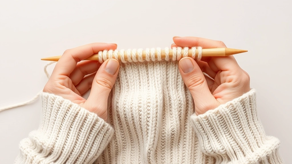 Hands working on knitting needles with delicate baby sweater fabric in progress, showing ribbed stitching detail against neutral background
