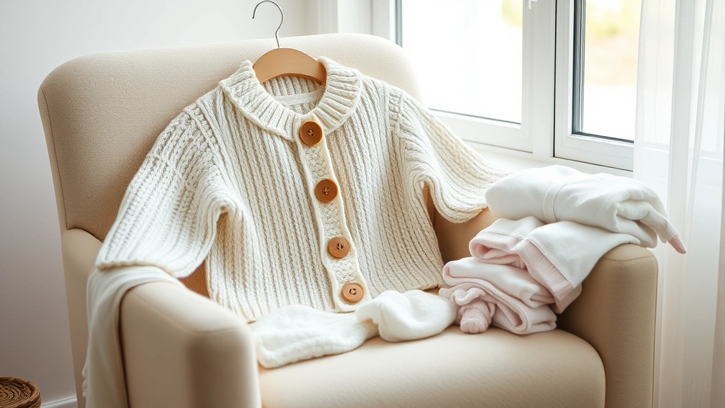 Finished handmade baby sweater draped on a cozy chair with folded baby clothes nearby and soft natural lighting from a window