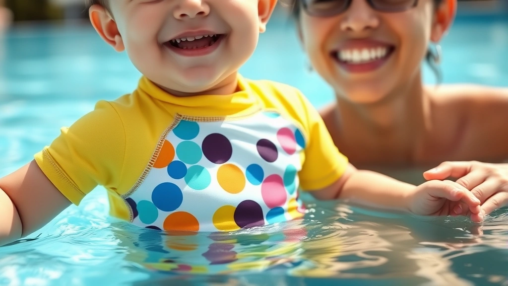 Close-up of a happy infant wearing a colorful swim top with rash guard, sitting in shallow pool water with parent's hands nearby, bright sunny day at outdoor pool
