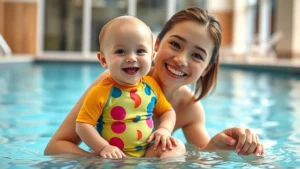 A happy six-month-old baby wearing a colorful UPF 50+ one-piece swimsuit, sitting on a parent's lap at the edge of an indoor pool, both smiling with water droplets visible
