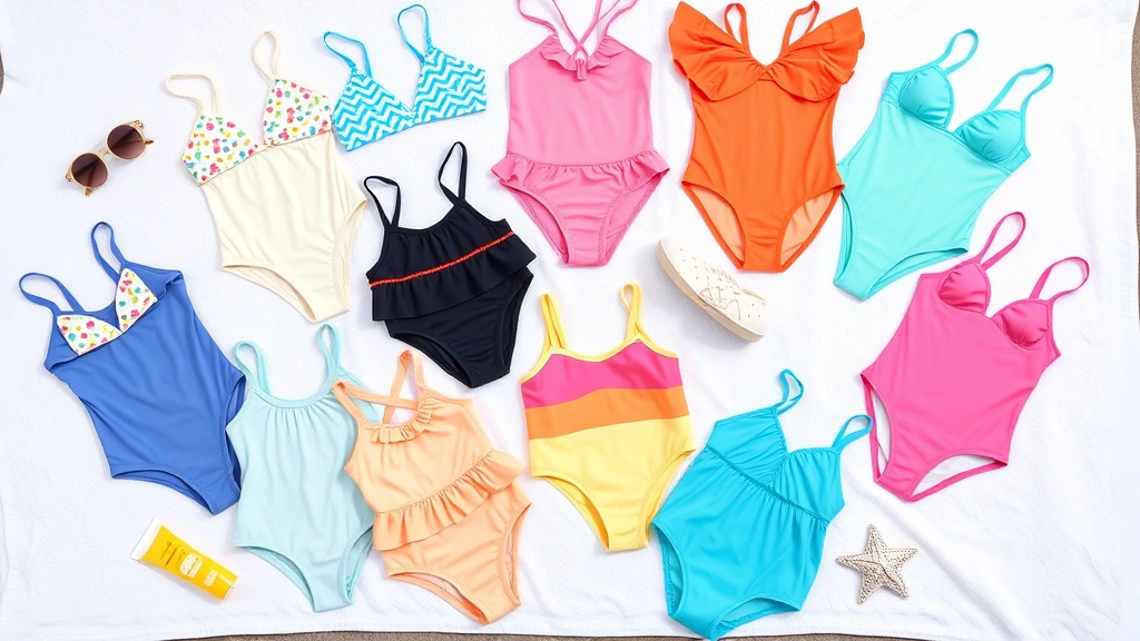 Flat lay of various baby swimsuits in different colors and styles arranged on white towel, including one-pieces and two-piece sets, sunglasses and sunscreen bottle nearby
