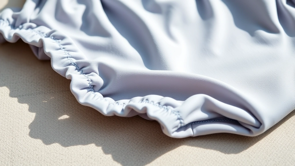 Close-up of different baby swimsuit textures and seams, showing flat-lock stitching detail and high-quality fabric weave, laid flat on a neutral surface with natural lighting