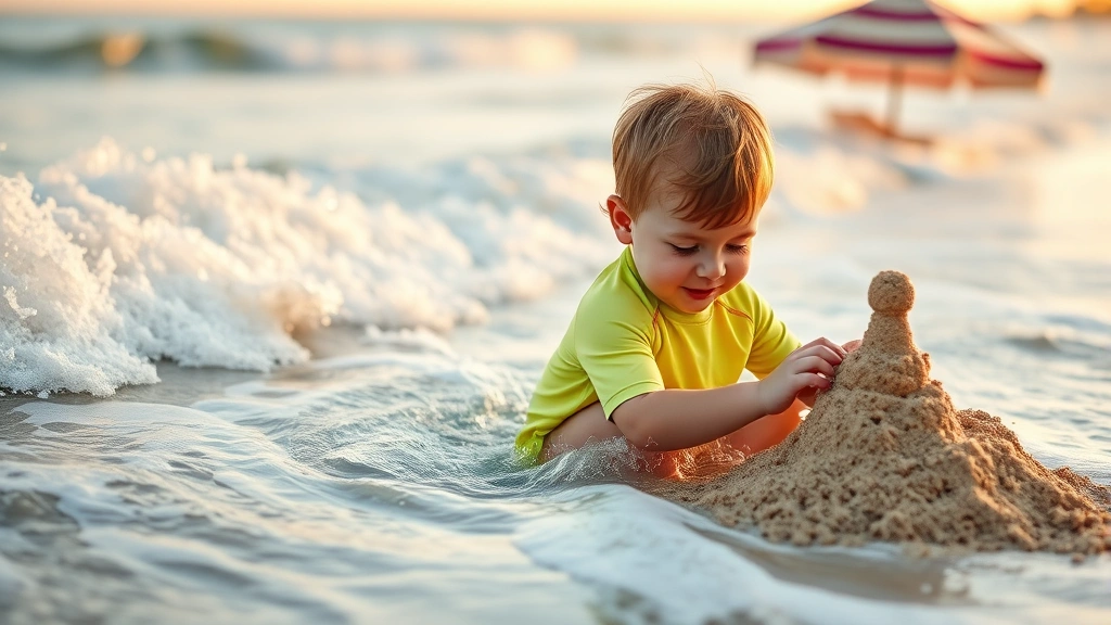 Toddler playing in ocean waves wearing a protective swim shirt with UPF rating, building sandcastle, beach umbrella in background, golden hour lighting