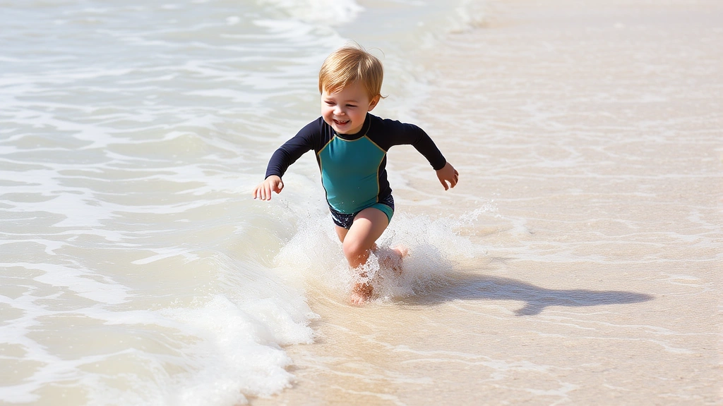 A toddler wearing a rash guard and swim bottoms playing in shallow beach water, running through waves with joy, sunny day with clear water and sand visible