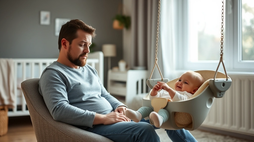 Exhausted parent sitting peacefully while baby contentedly swings in a modern nursery with soft lighting, gentle motion captured mid-swing, serene atmosphere