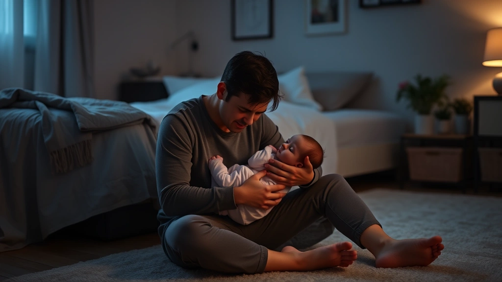 Exhausted new parent sitting on bedroom floor at night, holding fussy newborn close, soft warm lighting, realistic emotional moment, no text or numbers