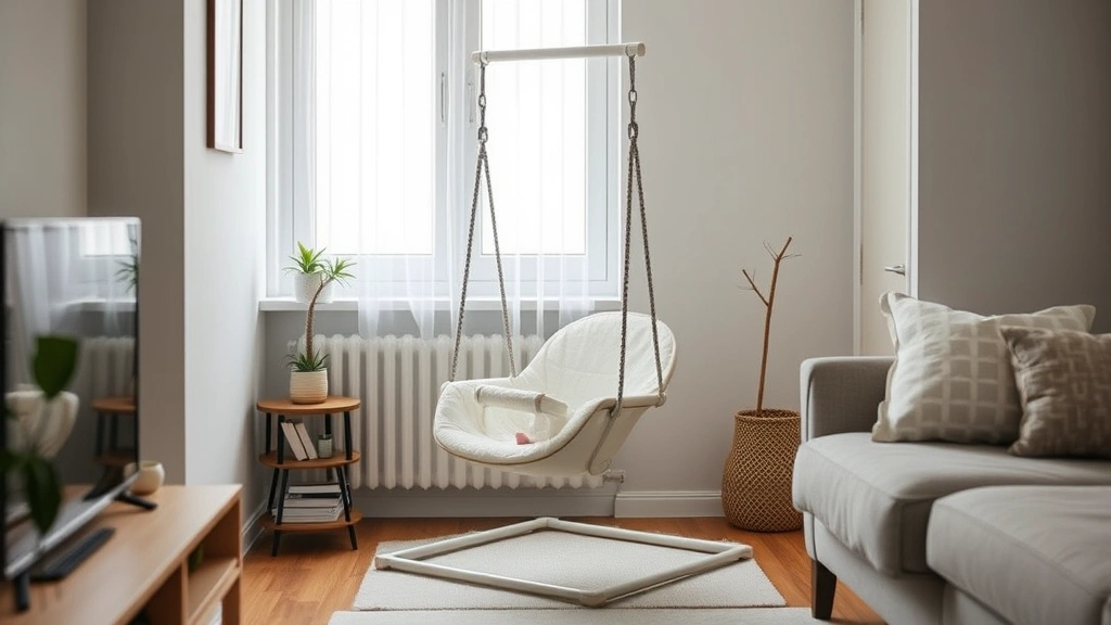 Compact baby swing chair positioned in small apartment living room corner, minimal footprint, contemporary design, neutral tones, realistic home setting