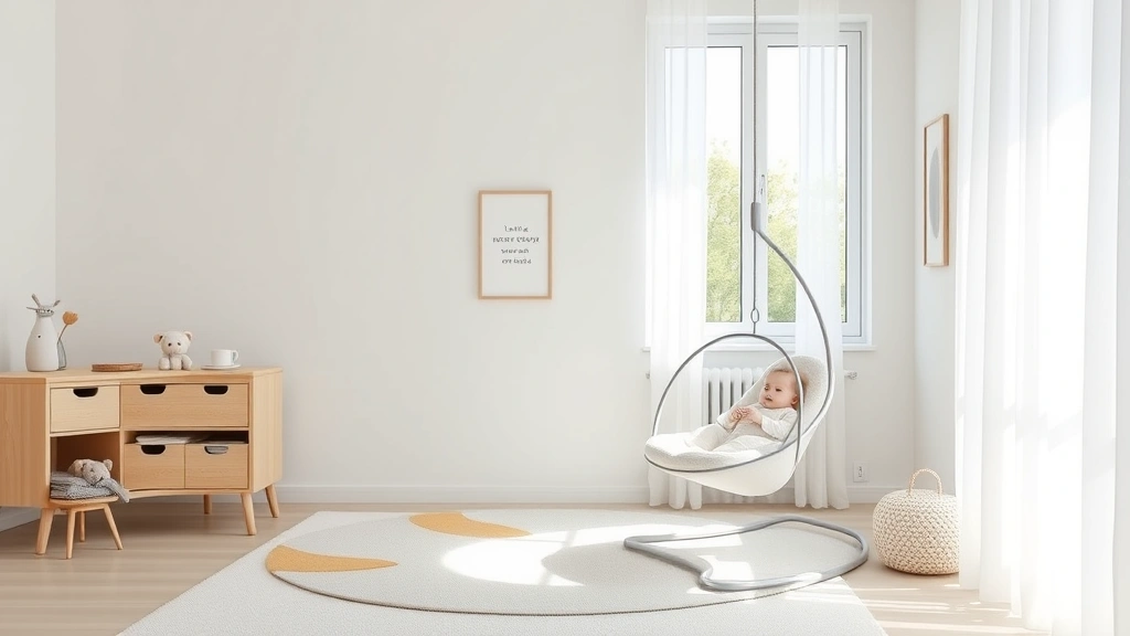 Modern minimalist nursery with baby swing chair by window, soft natural light, cozy aesthetic, clean contemporary design, no visible text