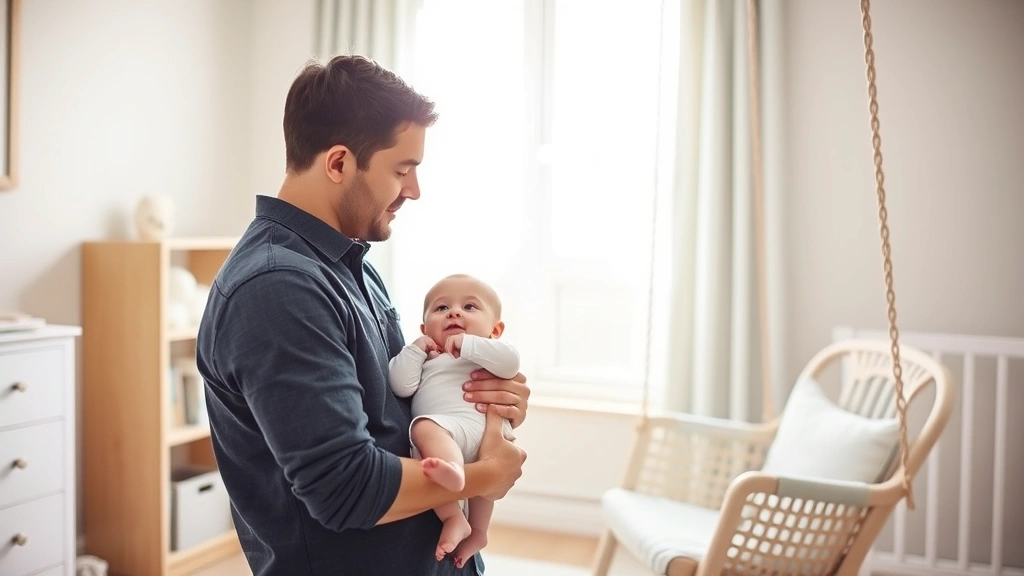 Parent holding baby while observing swing chair in nursery, thoughtful expression, evaluating decision, natural daylight through window, clean modern space