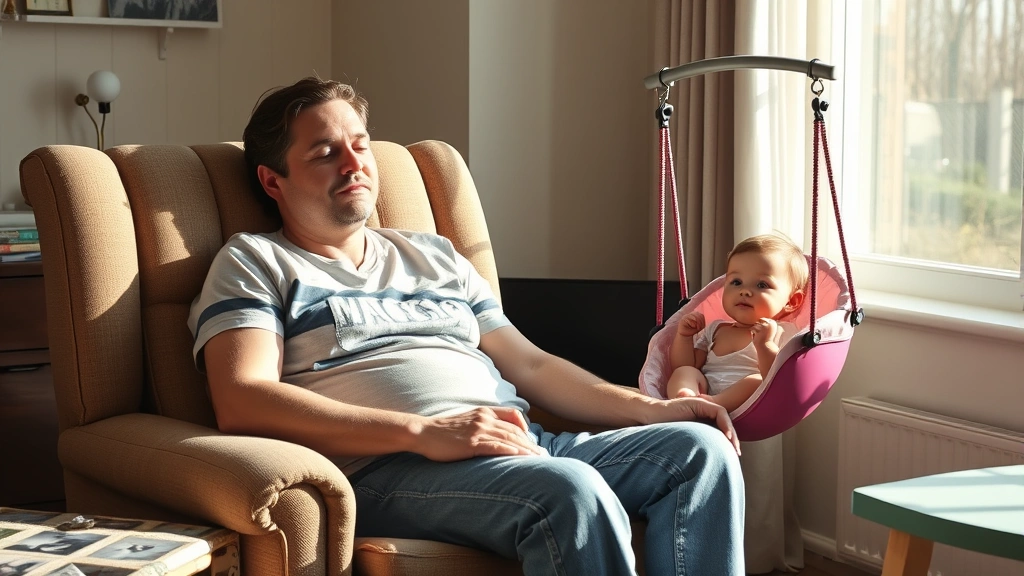 Parent peacefully resting in chair while baby gently swings nearby, calm domestic scene, afternoon light, serene and realistic portrayal, no text or words
