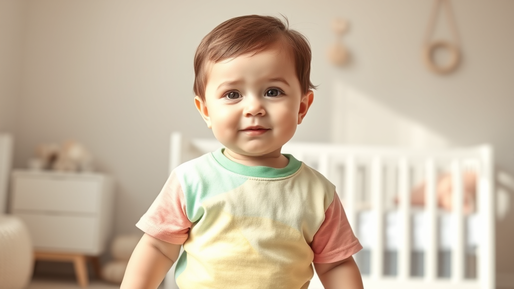 Adorable baby wearing colorful soft cotton tee shirt, peaceful nursery background, natural lighting, no text no words no letters