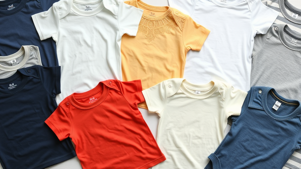 Collection of various baby tee shirts in different colors and patterns laid out neatly, no text no words no letters