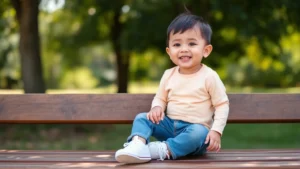 A young child wearing a fitted baby tee paired with comfortable jeans and white sneakers, sitting on a wooden bench outdoors, smiling naturally with sunlight filtering through trees