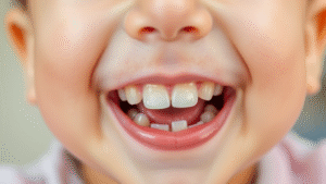 Happy baby smiling showing tiny white teeth emerging from pink gums bright natural lighting no text no words no letters