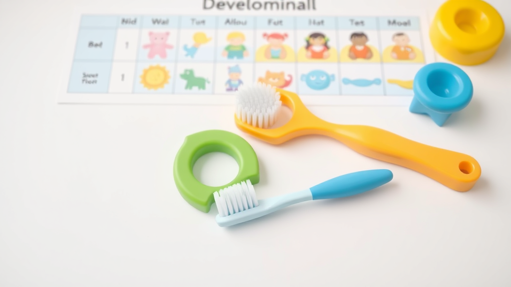 Colorful baby teething toys and soft toothbrush arranged on clean surface with developmental chart no text no words no letters