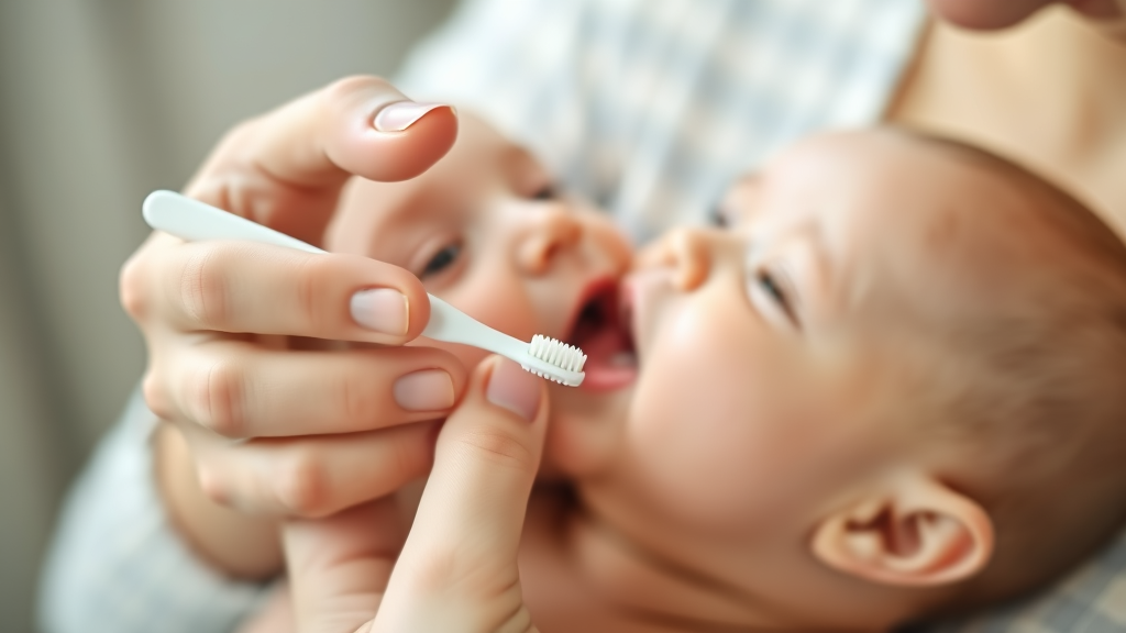 Gentle parent hand holding baby toothbrush near infant mouth caring moment soft focus no text no words no letters