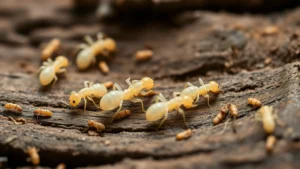 Magnified close-up view of pale, translucent baby termite nymphs on wood surface, showing tiny insects in detail without text