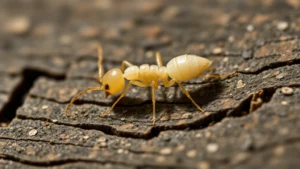 Close-up macro photography of a single termite nymph on weathered wood grain, soft natural lighting highlighting pale cream-colored body texture