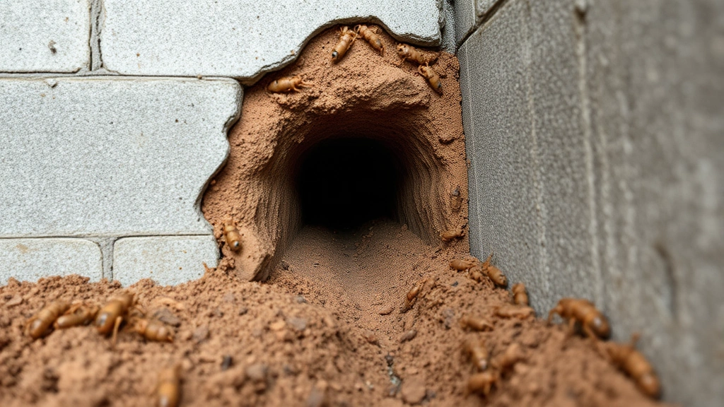 Mud tube structure along concrete foundation wall created by subterranean termites, showing protective tunnel pathway, photorealistic detail