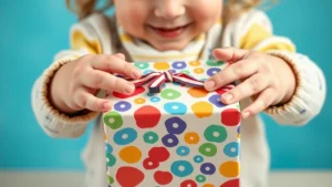 Toddler's hands carefully opening a colorful sealed mystery box with excitement and wonder on their face