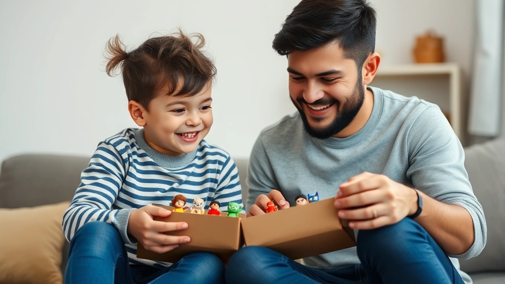 Parent and young child sitting together examining newly opened blind box figures, both smiling with genuine joy and curiosity