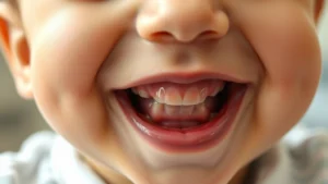 Close-up of a smiling infant showing their first tiny white tooth emerging from the gum, natural lighting, soft focus background