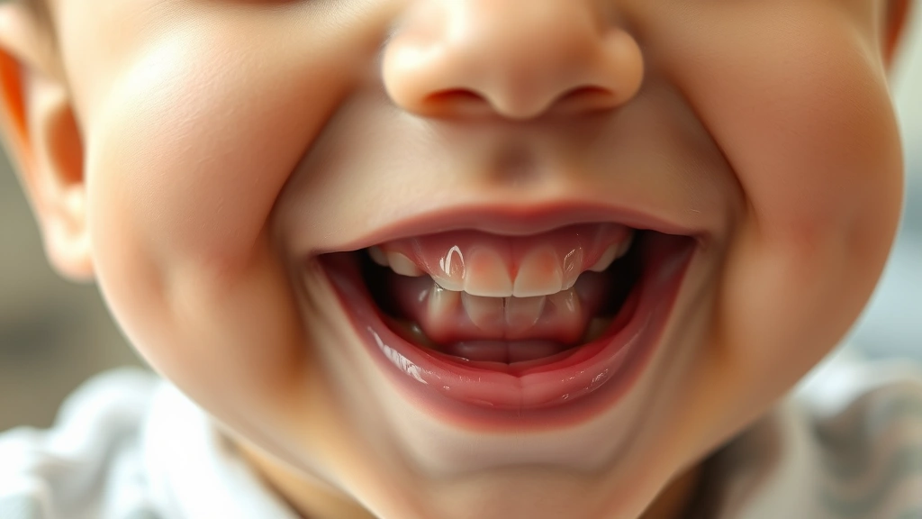 Close-up of a smiling infant showing their first tiny white tooth emerging from the gum, natural lighting, soft focus background
